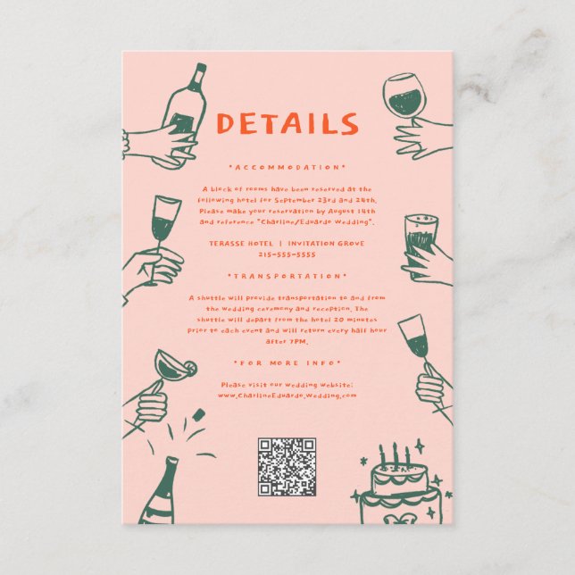 Green Red Hand drawn Funky Doodle Wedding Detail Enclosure Card (Front)