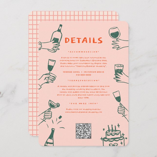 Green Red Hand drawn Funky Groovy Wedding Detail Enclosure Card (Creator Uploaded)