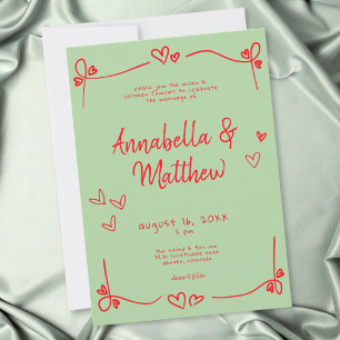 Green Red Hand Drawn Heart Whimsical Wedding  Invitation