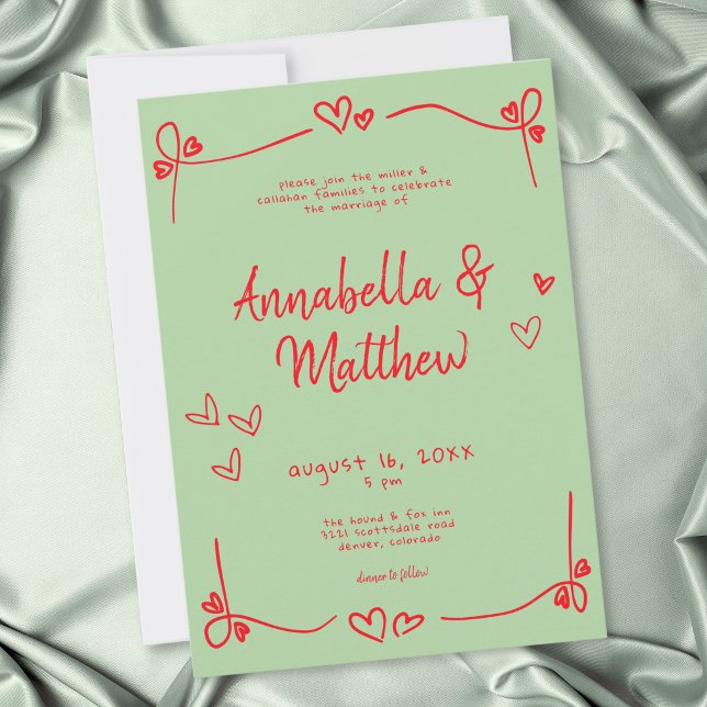 Green Red Hand Drawn Heart Whimsical Wedding  Invitation (Green Red Hand Drawn Heart Whimsical Wedding Invitation)