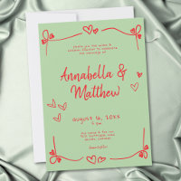 Green Red Hand Drawn Heart Whimsical Wedding 