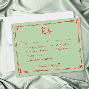 Green Red Hand Drawn Heart Whimsical Wedding RSVP Card