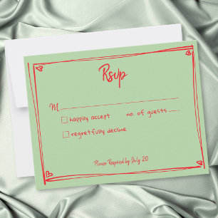 Green Red Hand Drawn Heart Whimsical Wedding RSVP Card