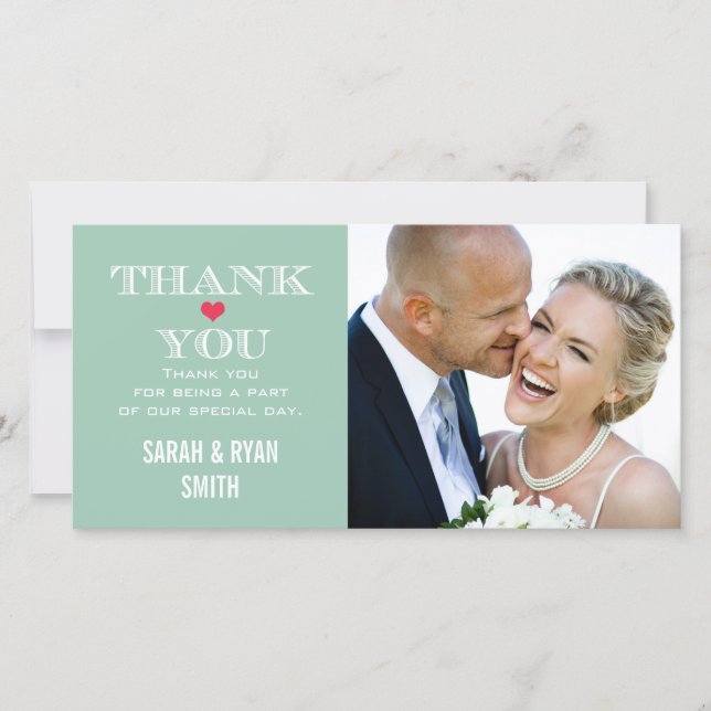 Green Red Heart Wedding Photo Thank You Cards (Front)