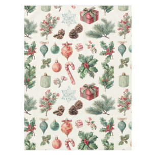 Green Red Holiday Watercolor Pine Berry Whimsical Tablecloth