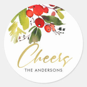 GREEN RED HOLY BERRIES WATERCOLOR CHRISTMAS CHEERS CLASSIC ROUND STICKER