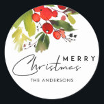 GREEN RED HOLY BERRIES WATERCOLOR MERRY CHRISTMAS CLASSIC ROUND STICKER<br><div class="desc">For any further customisation or any other matching items,  please feel free to contact me at yellowfebstudio@gmail.com</div>