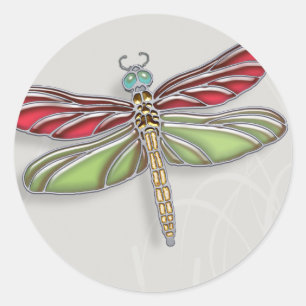 Green & Red Jewelled Dragonfly Classic Round Sticker