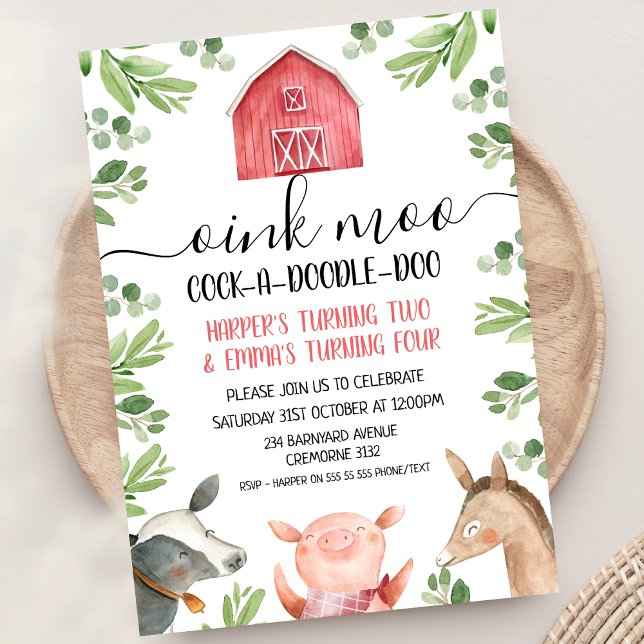 Green Red Joint Farm Animals Foliage Birthday Invitation (Red Barn Foliage Join Farm Birthday Invitation Farmyard Animals Joint Birthday party Invite Oink Moo)