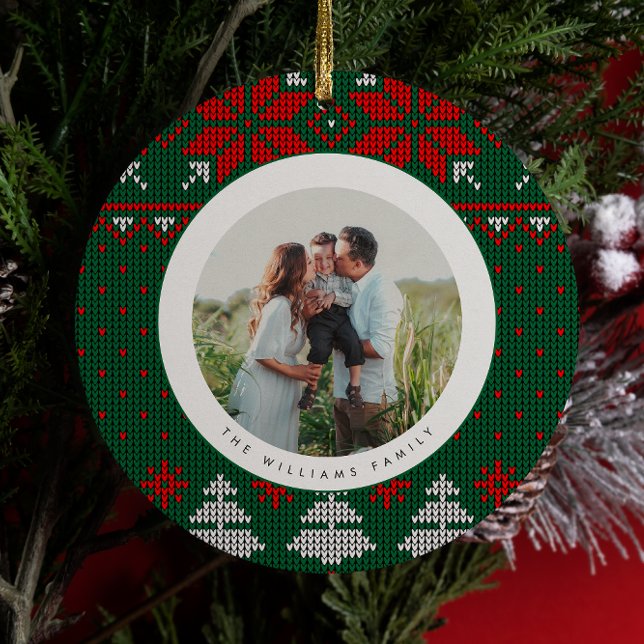 Green & Red Knit Sweater Pattern Photo Ceramic Tree Decoration (Creator Uploaded)