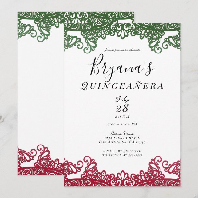 Green & Red Lace Elegant 15th Quinceañera Party Invitation (Front/Back)