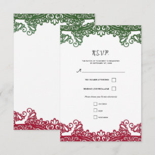Green & Red Lace Elegant Fiesta Wedding RSVP Card