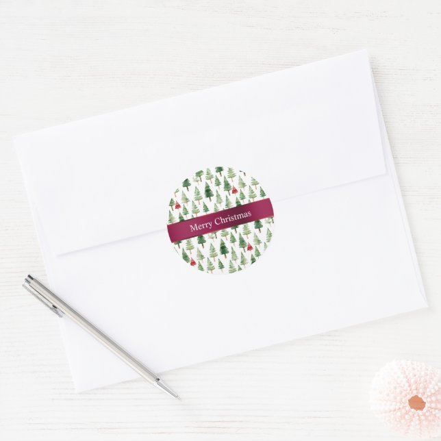 Green Red Merry Christmas Trees  Classic Round Sticker (Envelope)