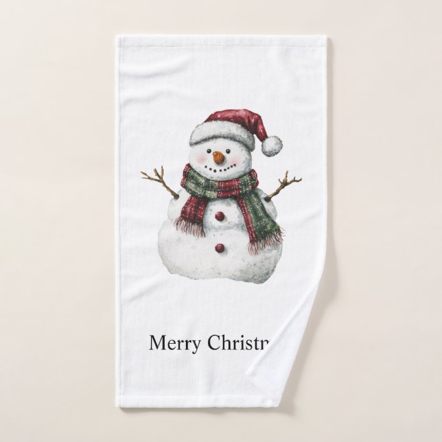 Green Red Merry Christmas Trees Snowman Hand Towel (Hand Towel)