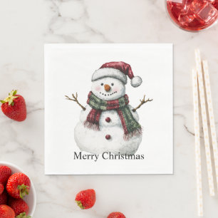 Green Red Merry Christmas Trees Snowman Napkin