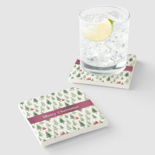 Green Red Merry Christmas Trees  Stone Coaster