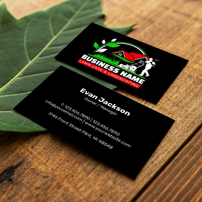 Green Red Modern Lawn Care Landscaping Business Card (Creator Uploaded)