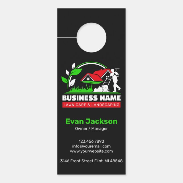 Green Red Modern Lawn Care Landscaping Business Door Hanger (Front)