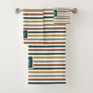 Green, Red, Orange Stripes Monogram Bath Towel Set