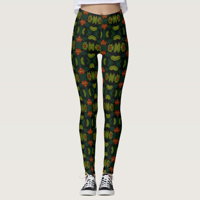 Green & Red PatternedFloral Mosaic Women's Legging (Front)