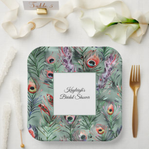 Green Red Peacock Feathers Bridal Shower Paper Plate