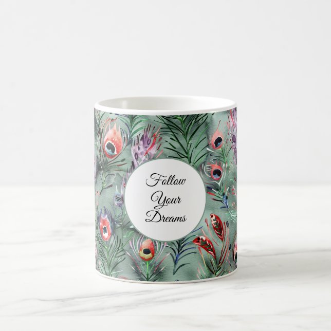 Green Red Peacock Feathers   Coffee Mug (Center)