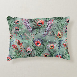 Green Red Peacock Feathers   Decorative Cushion