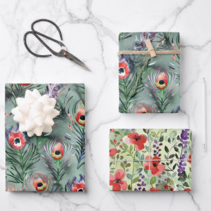 Green Red Peacock Feathers Flowers Birthday Wrapping Paper Sheet