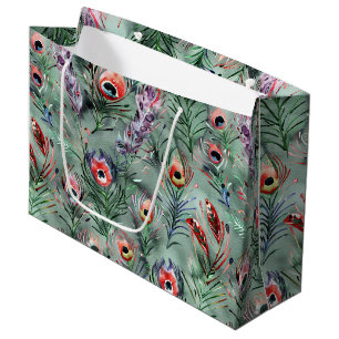 Green Red Peacock Feathers Large Gift Bag
