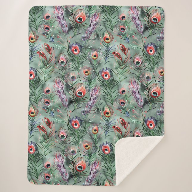 Green Red Peacock Feathers   Sherpa Blanket (Front)