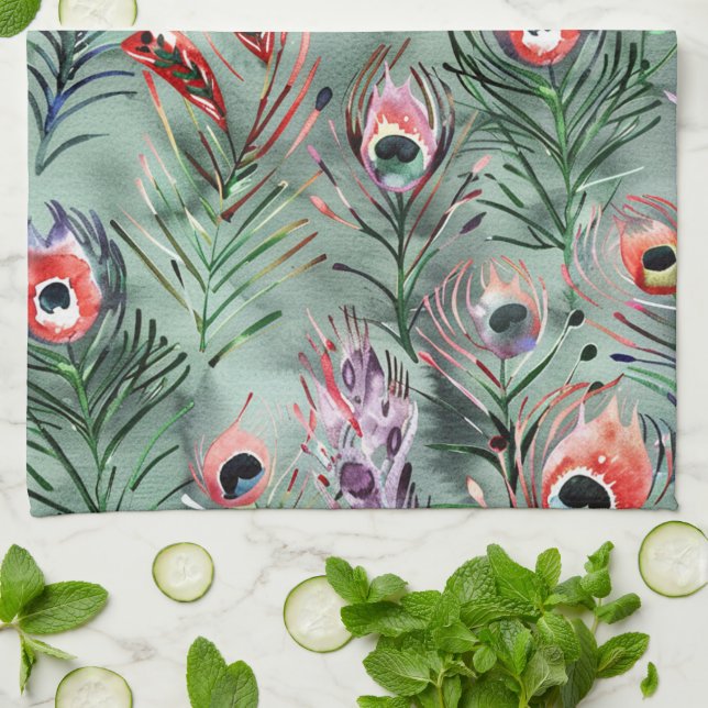 Green Red Peacock Feathers   Tea Towel (Folded)