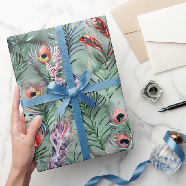 Green Red Peacock Feathers Wrapping Paper (Gifting)