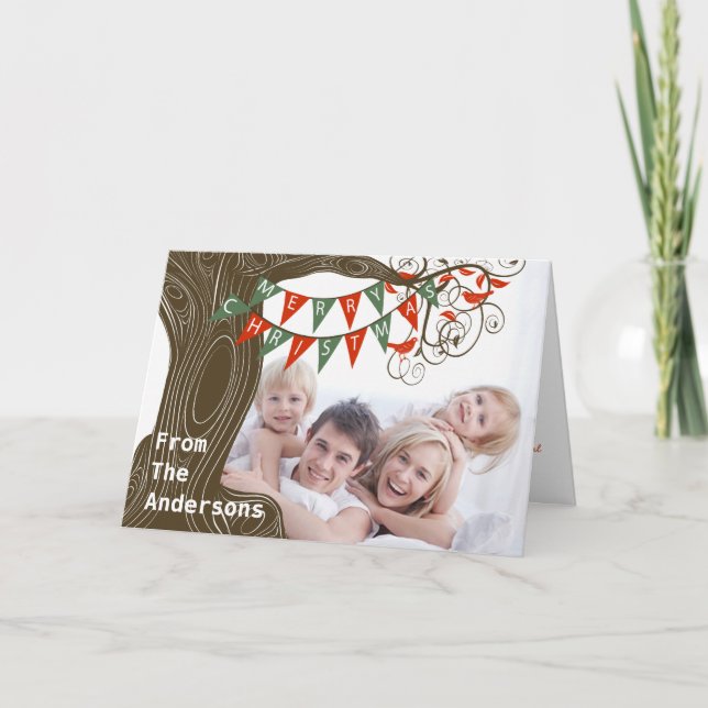 Green Red Pennant Tree Merry Christmas Your Photo Holiday Card (Front)