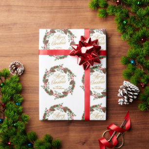 Green Red Pine Cones Gold Script Christmas Wreath Wrapping Paper