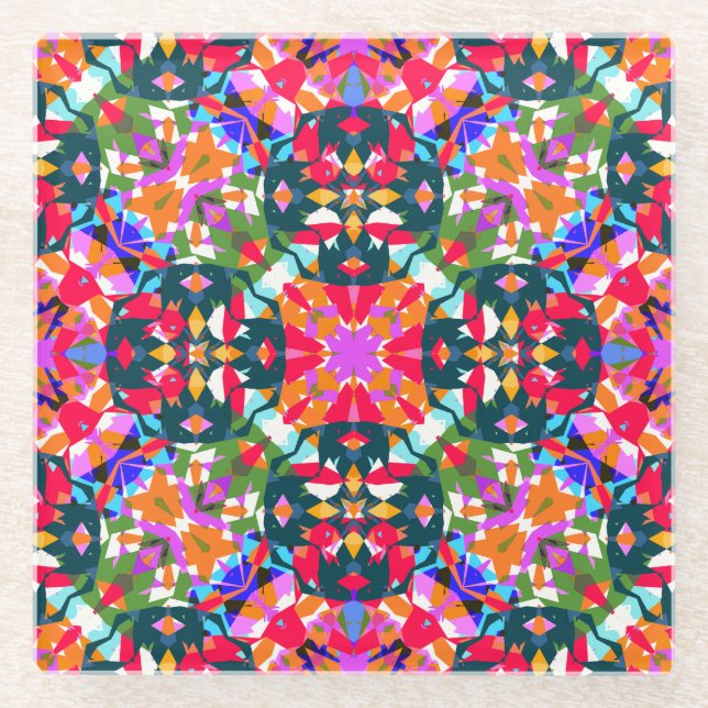 Green Red Pink Christmas Jolly Colorful Pattern Glass Coaster (Front)