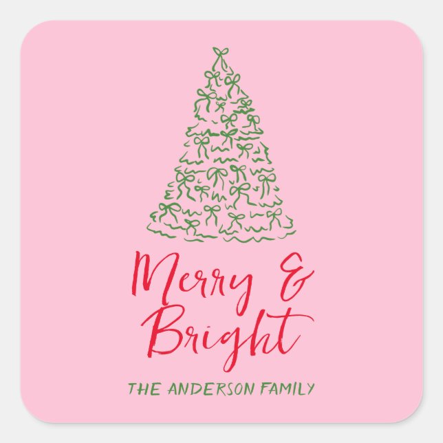 Green Red Pink Hand Drawn Ribbons Tree Christmas Square Sticker (Front)