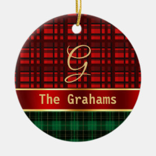 Green Red Plaid and Ribbon with Name and Initial Ceramic Tree Decoration