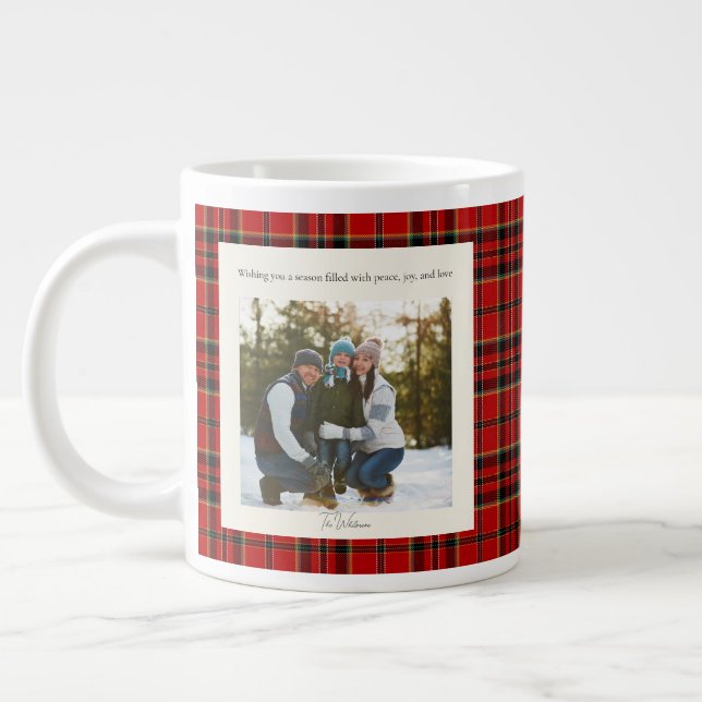Green Red Plaid Monogram 2 Photo Rustic Christmas Large Coffee Mug (Left)