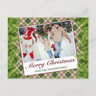 Green Red Plaid Photo Merry Christmas Greeting Announcement Postcard