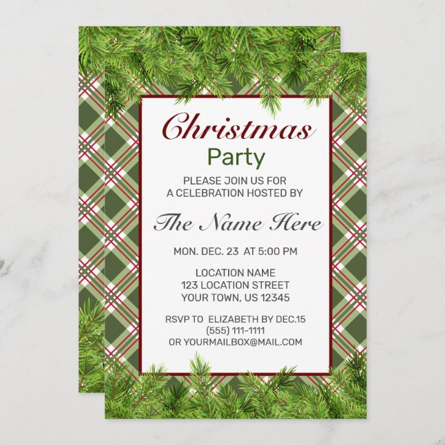 Green Red Plaid & Pine Branch Christmas Party Invitation (Front/Back)