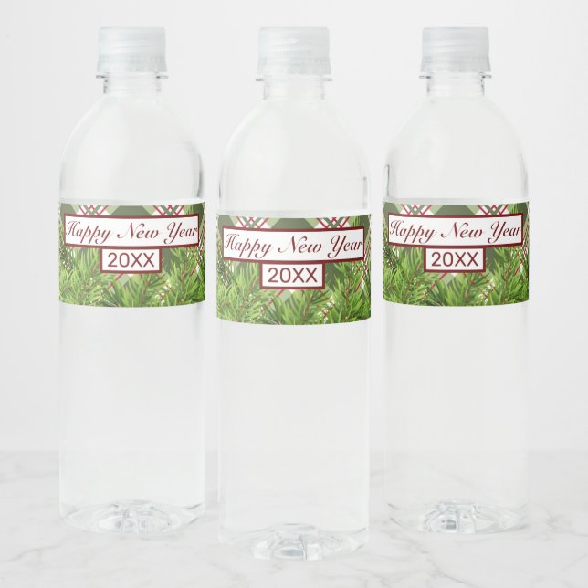 Green Red Plaid & Pine Branch Happy New Year Water Bottle Label (Bottles)