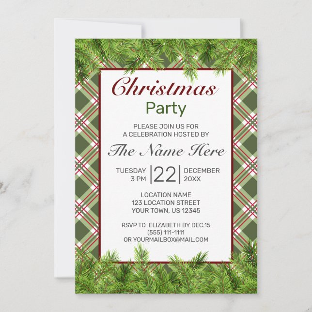 Green Red Plaid Pine Branch Merry Christmas Party Invitation (Front)