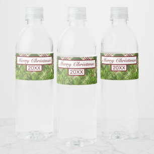 Green Red Plaid & Pine Branch Merry Christmas Water Bottle Label