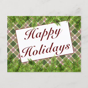 Green Red Plaid & Pine Happy Holidays Greeting Announcement Postcard