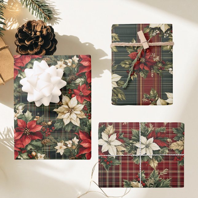 Green Red Plaid & Poinsettias Christmas Holiday Wrapping Paper Sheet (Creator Uploaded)