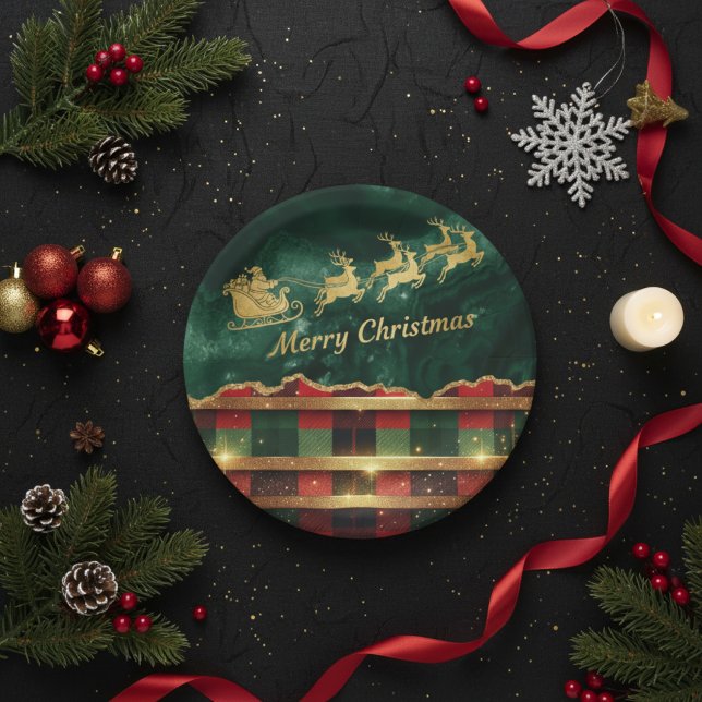Green Red Plaid Santa Sleigh Merry Christmas Paper Plate (Creator Uploaded)