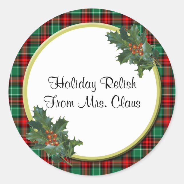 Green Red Plaid with Holly Custom Holiday Stickers (Front)