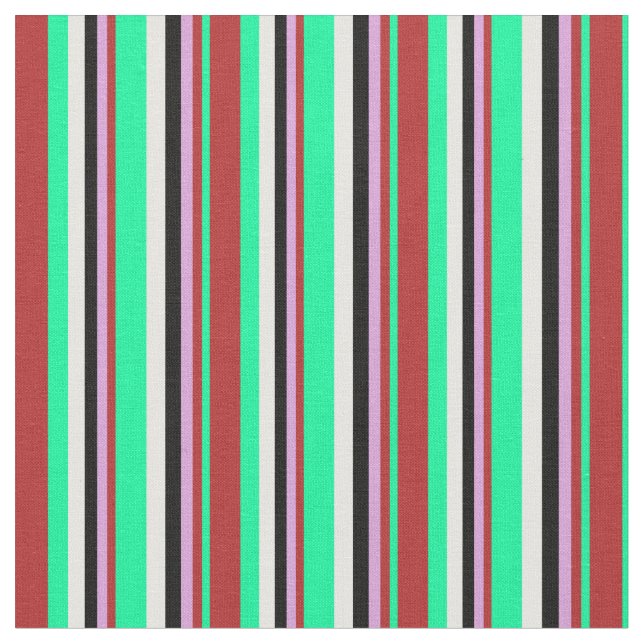 Green, Red, Plum, Black & White Coloured Stripes Fabric (Close Up)