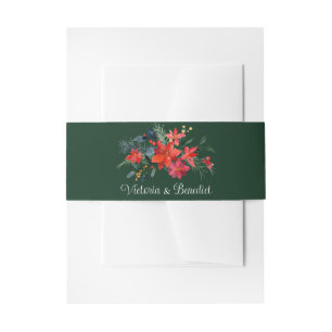 Green Red Poinsettia Floral Christmas Wedding Invitation Belly Band