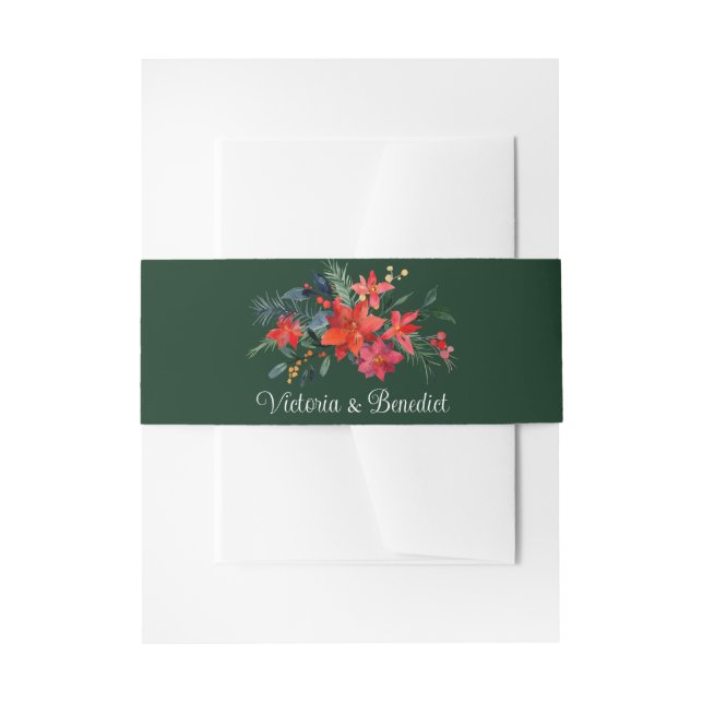 Green Red Poinsettia Floral Christmas Wedding Invitation Belly Band (Front Example)